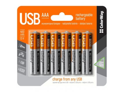 Baterie nabíjecí ColorWay AAA, 400mAh, micro USB, 1.5V, blistr 6ks