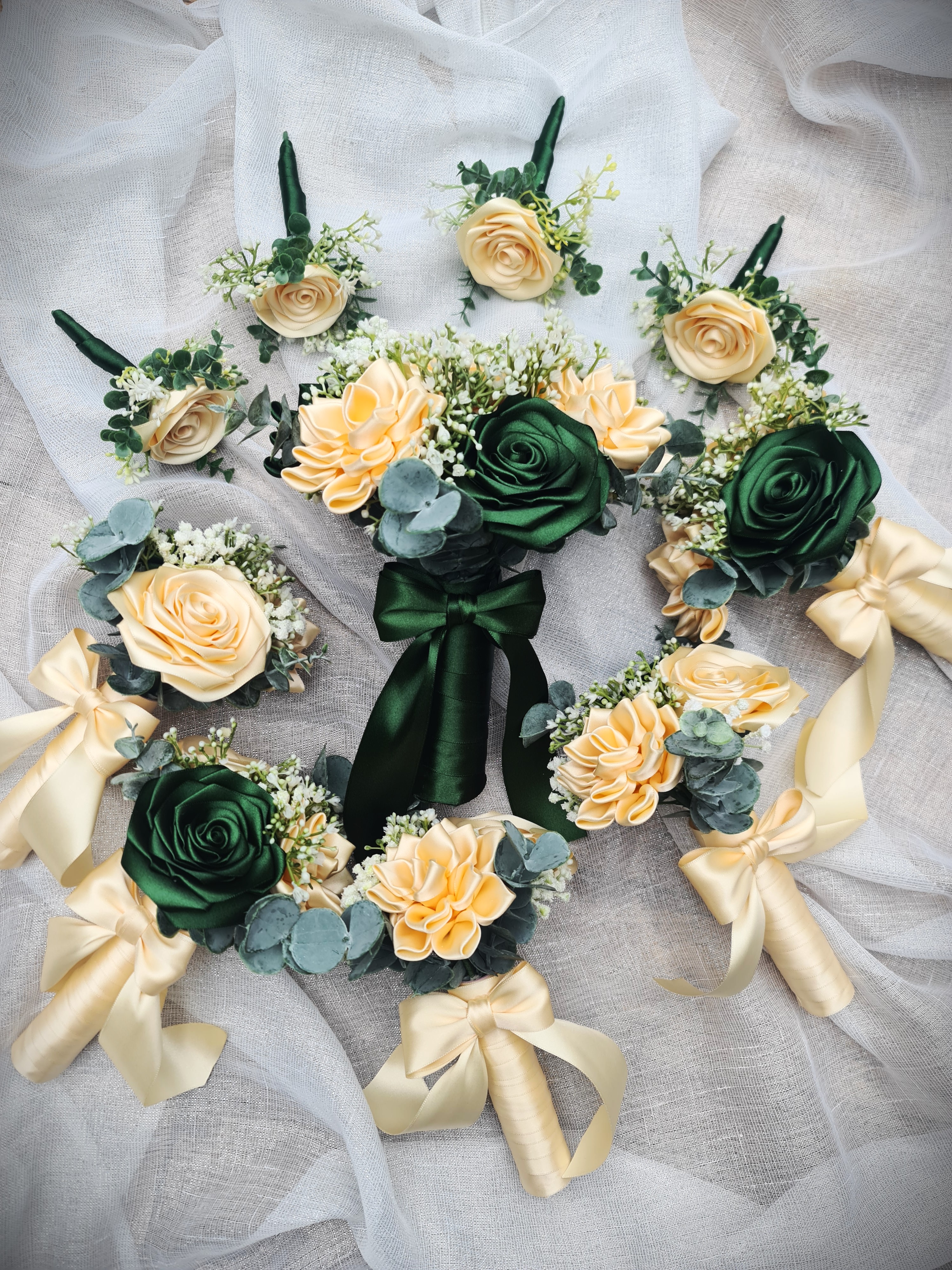 Kompletní svatební set kytice ze stuh