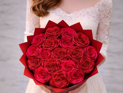 Střední kytice ze stuh s 18 červenými saténovými růžemi zdobenými stříbrnými třpytkami