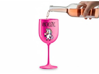 Plastová sklenička na víno s vtipným potiskem Vinorožec a ilustrací jednorožce s vínem
