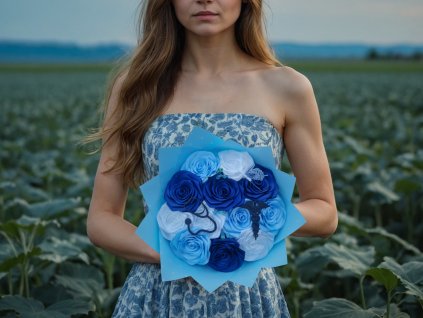 Modrobílá kytice ze saténových stuh pro zdravotní sestru s černým symbolem medicíny