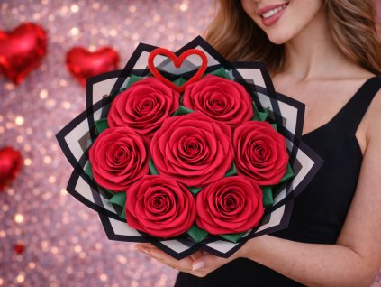 Brunetka v černých šatech drží bohatou valentýnskou kytici ze 7 sytě červených saténových růží s červeným srdíčkem.