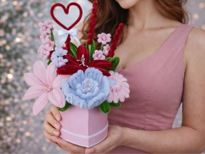 Žena v růžových šatech drží růžový flower box s pestrobarevnými květy z modelovacích drátků, zdobený výrazným červeným srdíčkem.