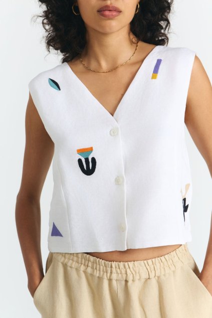 Dámska biela vyšívaná vesta s prímesou ľanu „AZUAH VEST embroidery“