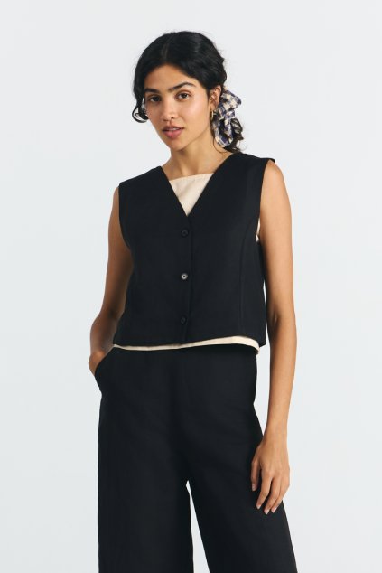 Dámska čierna vyšívaná vesta s prímesou ľanu „AZUAH VEST black“