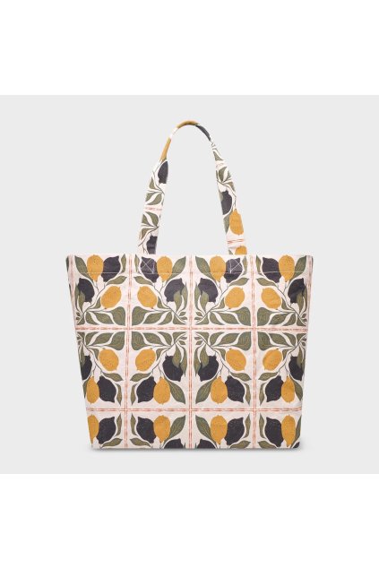 Plátená plážová taška s potlačou „Beach Bag Sundre Lemon Tiles Oat White“