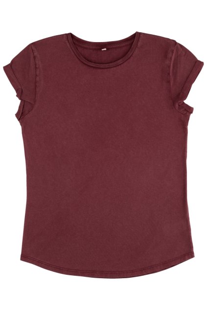 Dámske tričko "ROLLED SLEEVE Stone Washed Burgundy" (Veľkosť L)