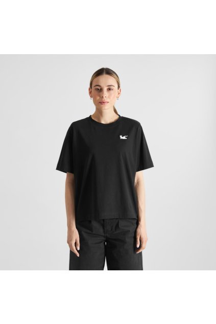 Dámske čierne tričko s výšivkou "Vadstena Cat Pose Black" (Veľkosť XS)