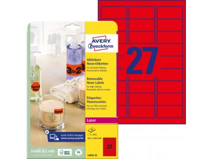 Neonově červené snímatelné etikety 63,5x29,6 mm Avery Zweckform L6003-25