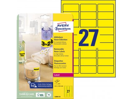 Neonově žluté snímatelné etikety 63,5x29,6 mm Avery Zweckform L6004-25