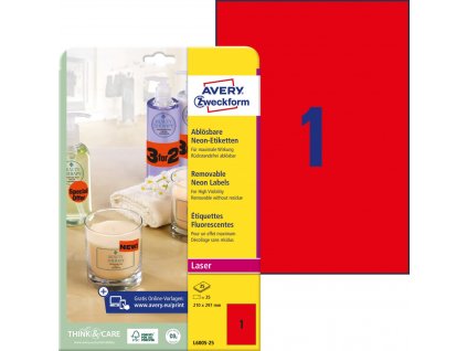 Neonově červené snímatelné etikety 210x297 mm Avery Zweckform L6005-25