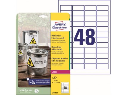 Odolné samolepicí PET etikety 45,7x21,2 mm Avery Zweckform L4778-20