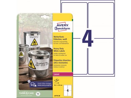 Odolné samolepicí PET etikety 99,1x139 mm Avery Zweckform L4774-20