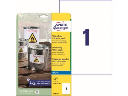 Odolné samolepicí PET etikety pro Inkjet 210x297 mm Avery Zweckform J4775-10