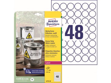 Odolné samolepicí PET etikety Ø 30 mm Avery Zweckform L4716-20