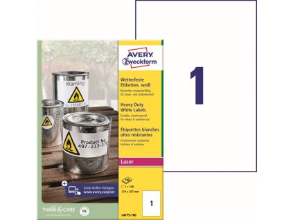 Odolné samolepicí PET etikety 210x297 mm Avery Zweckform L4775-100