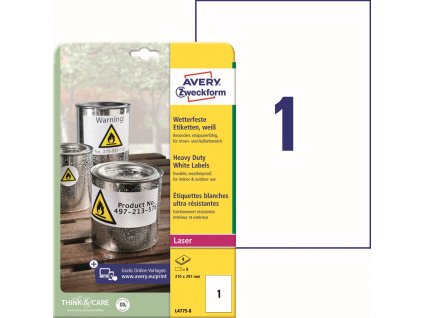 Odolné samolepicí PET etikety 210x297 mm Avery Zweckform L4775-8
