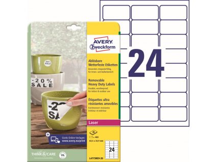 Odolné snímatelné PET etikety 63,5x33,9 mm Avery Zweckform L4773REV-20