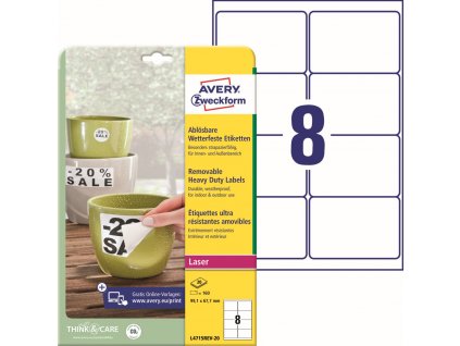 Odolné snímatelné PET etikety 99,1x67,7 mm Avery Zweckform L4715REV-20