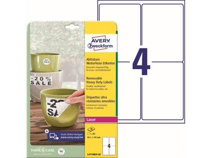 Odolné snímatelné PET etikety 99,1x139 mm Avery Zweckform L4774REV-20
