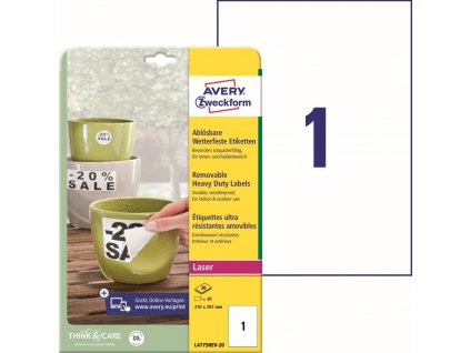 Odolné snímatelné PET etikety 210x297 mm Avery Zweckform L4775REV-20