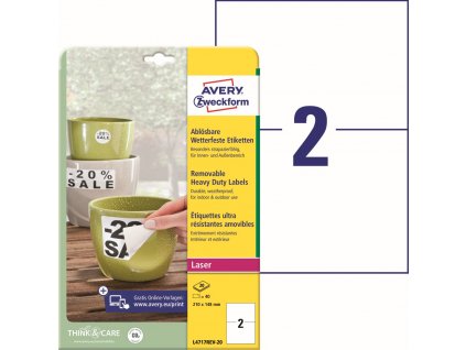 Odolné snímatelné PET etikety 210x148 mm Avery Zweckform L4717REV-20