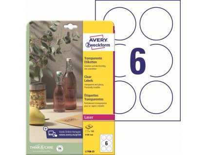 Kulaté čiré samolepicí etikety Ø 80 mm Avery Zweckform L7788-25