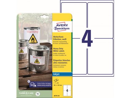 Odolné samolepicí PET etikety pro Inkjet 99,1x139 mm Avery Zweckform J4774-10