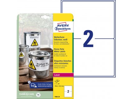 Odolné samolepicí PET etikety 199,6x143,5 mm Avery Zweckform L7068-20