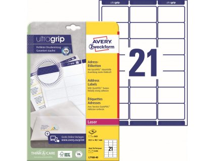 Samolepicí adresní etikety 63,5x38,1 mm Avery Zweckform L7160-40