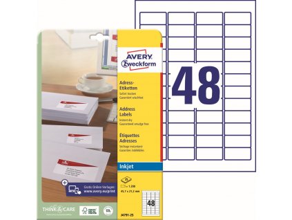 Samolepicí adresní etikety pro Inkjet 45,7x21,2 mm Avery Zweckform J4791-25