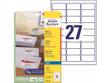 Samolepicí adresní etikety 63,5x29,6 mm Avery Zweckform J4792-25