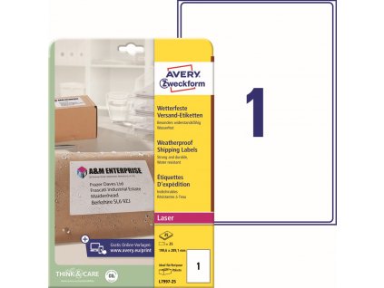 Odolné PET etikety na zásilky 199,6x289,1 mm Avery Zweckform L7997-25