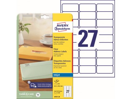 Transparentní Inkjet etikety 63,5x29,6 mm Avery Zweckform J4721-25