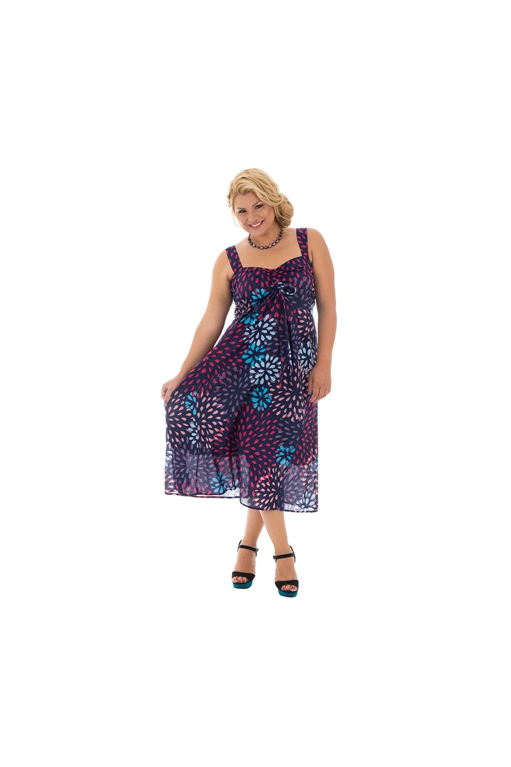 Letní midi šaty vzorované fialové (Barva Fialová, Barevná, Velikost 2XL)