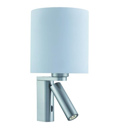 Searchlight SS LT WALL LIGHT & CYLINDER ARM LED READING LIGHT SATIN SILVER WHITE GLASS SHADE eulux.sk