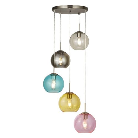 Searchlight Mardi Gras 5Lt Pendant - Satin Silver Metal & Coloured Glass