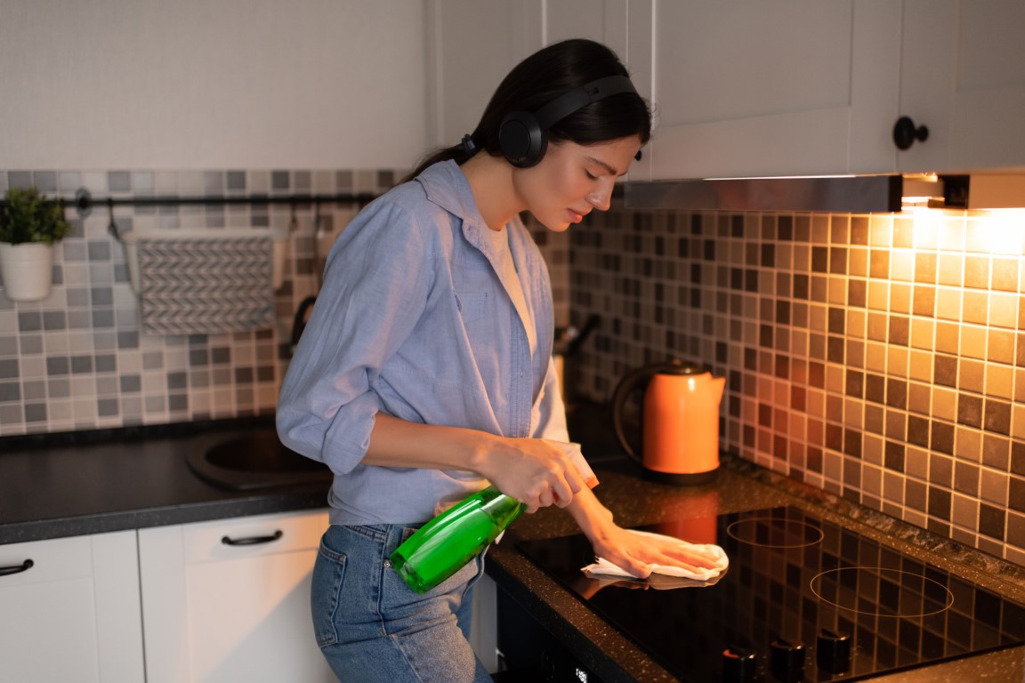 woman-with-headphones-cleaning-stove-in-kitchen-S3V3V4K