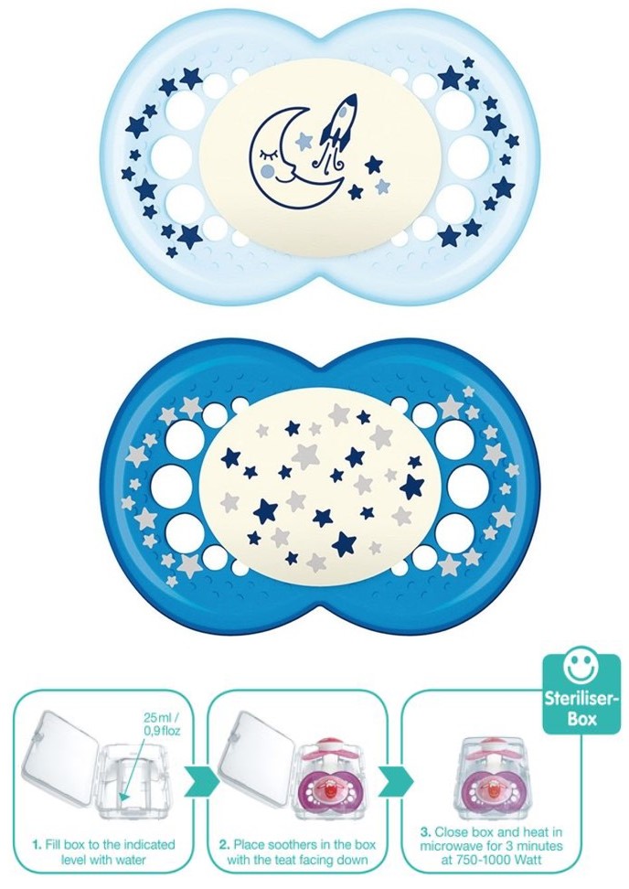 MAM silikónové cumlíky ORIGINAL NIGHT od 16 mesiacov chlapec v sterilizačnej krabičke 2ks