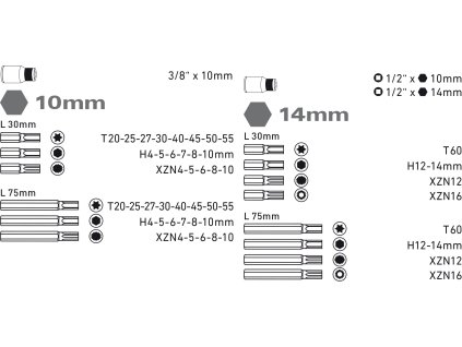 EXTOL PREMIUM 8818200 hroty IMBUS-TORX-XZN, sada 51ks, pro ráčny 3/8", 1/2"