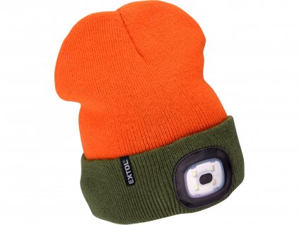EXTOL LIGHT 43460 čepice s čelovkou 4x45lm, USB nabíjení, fluorescentní oranžová/khaki zelená, oboustranná, univerzální velikost