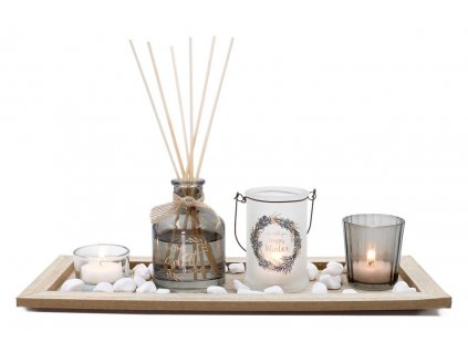 Svícen/diffuser 36x14cmx1cm 5 dílů+dekorace, dřevo/sklo