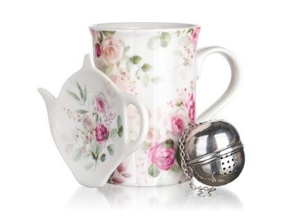 Hrnek 340ml + tácek ROSE keramický,sítko nerez, sada 3díl.