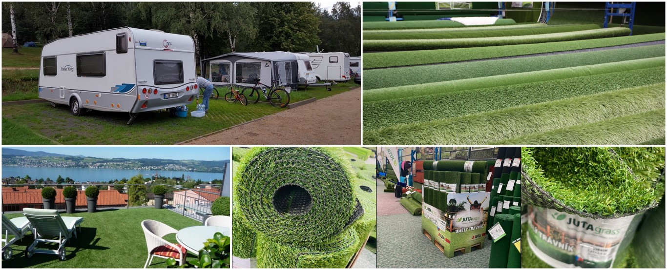 Umělé trávníky kolem karavanů