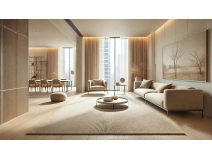 A spacious modern living room featuring a light be