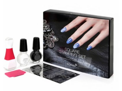 Konad Square Stamping Set - oboustranné razítko, stěrka, Square destička černý a bílý lak