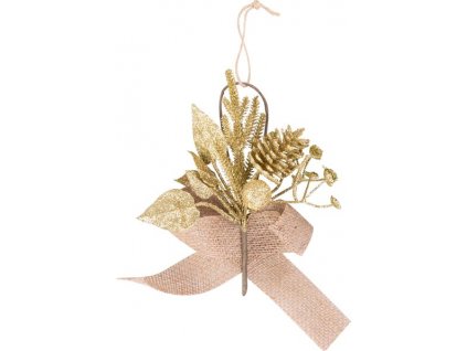 Vetvička MagicHome Vianoce, so šiškou a jutovou stuhou, zlatá, 17 cm