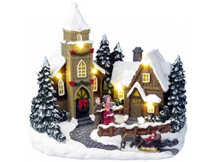 Dekorácia MagicHome Vianoce, Vianočný domček, 6 LED teplá biela, s melódiami, polyresin, 3xAA, interiér, 19,50x12,80x18 cm