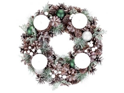 Veniec MagicHome Vianoce, prírodný, adventný, so zelenými guľami, 34 cm