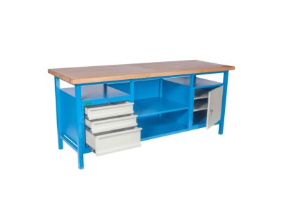 Pracovný stôl so skrinkou a 3 zásuvkami, v.85 x š.200 x h.68,5cm, RAL7035 sivá, RAL5015 modrá
